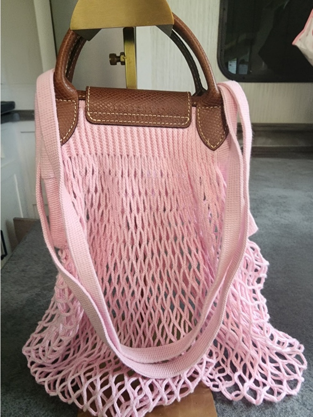 Longchamp X Filt Pink Mesh Tote with Brown Leather Trim - Picture 2 of 4